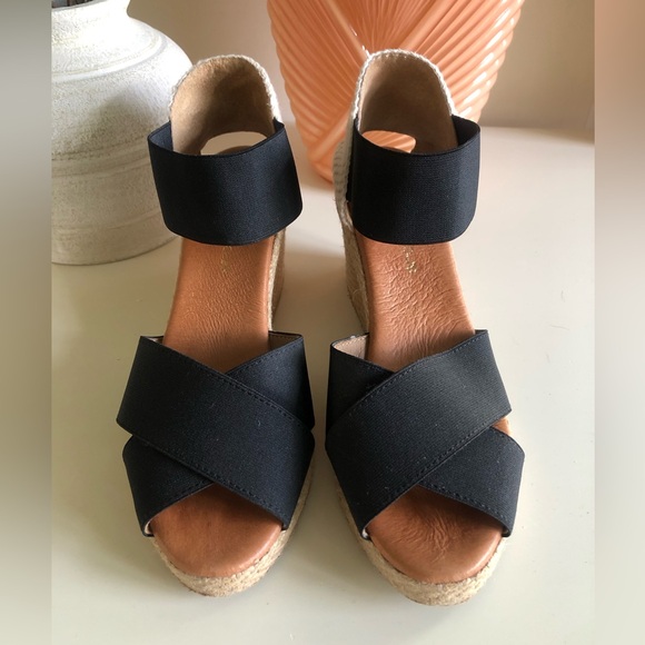 Andre Assous Espadrille Wedge Sandal Black Stretch Straps Leather Spain Size 7 - Picture 4 of 16